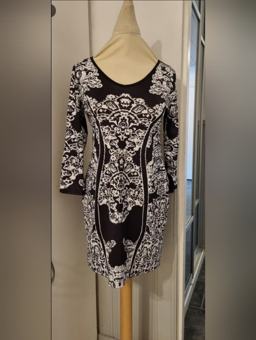 WOW couture Black and White Long Sleeve Baroque Print Dress